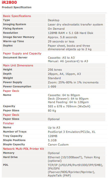 Image server memory: 5.8 seconds; Height: 256 tones; Tray Capacity: 128MB; etc.